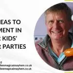 Children's entertainer performing ribbon magic with audience participation